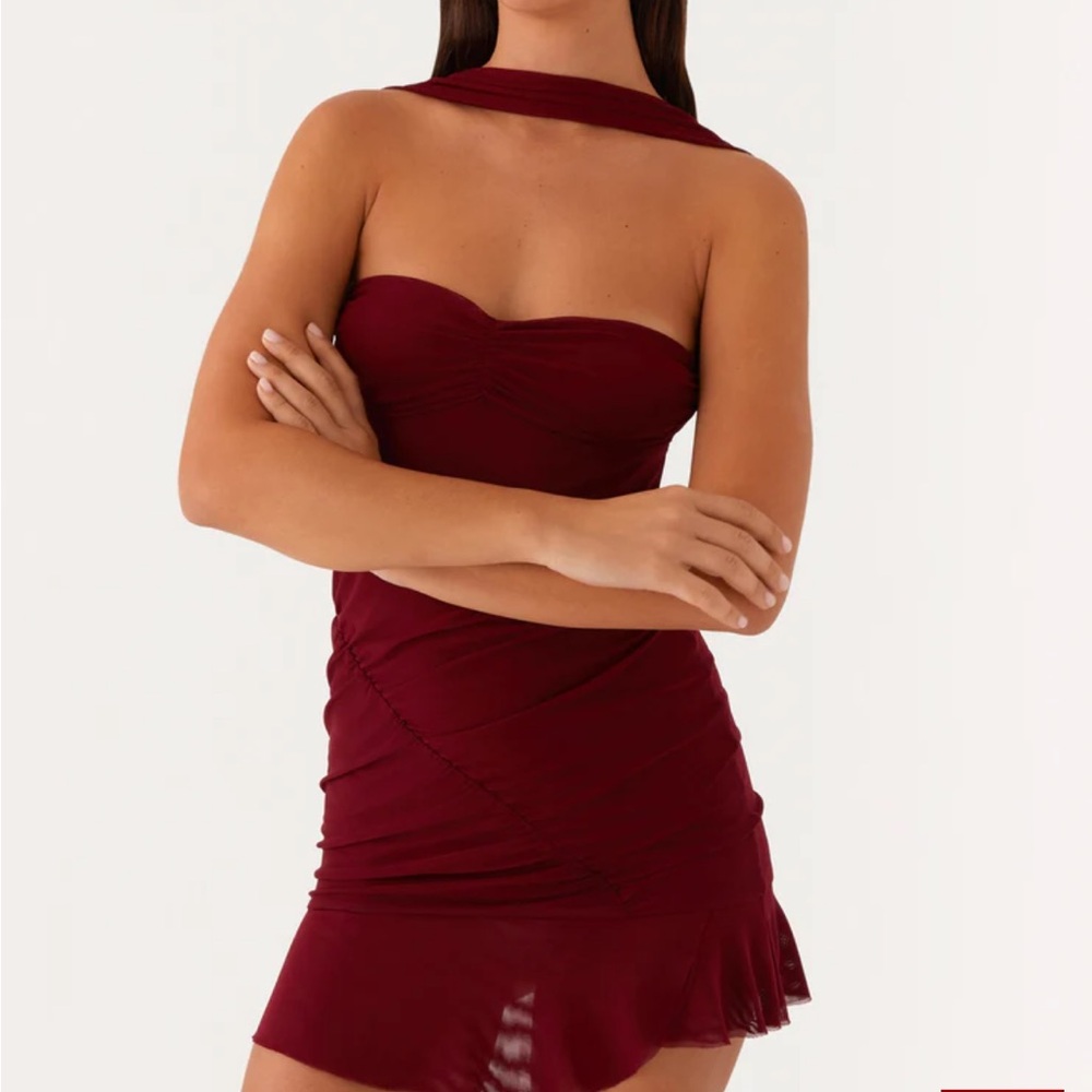 Peppermayo Burgundy One-Shoulder Mini Dress